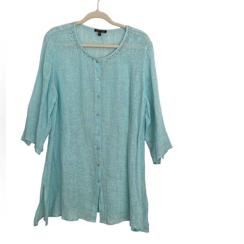 Nwot Eileen Fisher 100% Linen Turquoise Tunic Blouse Hand Beaded Neckline